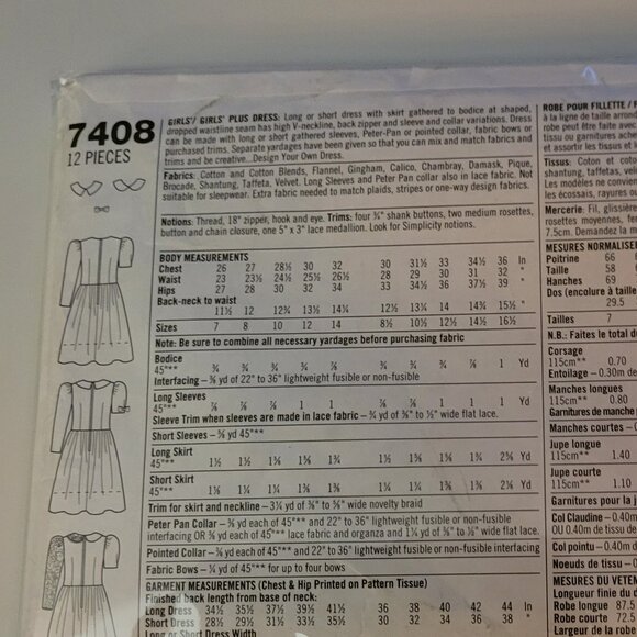 SIMPLICITY 7408 - Girls Dress w/ Collar Sewing Pattern 8-1/2 to 16-1/2 - Picture 2 of 2